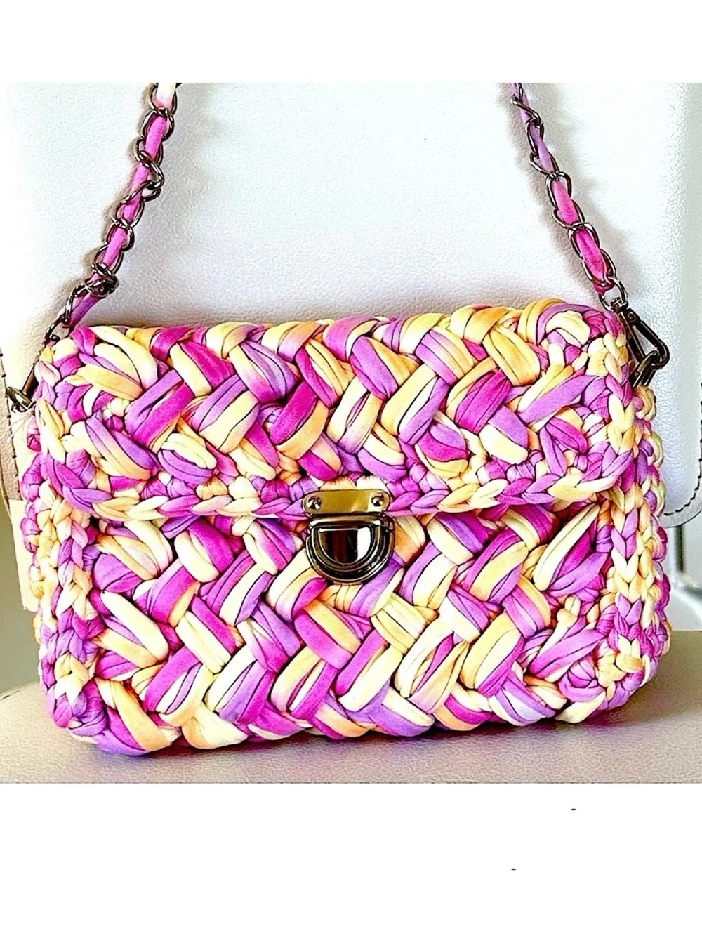 Woven Pink & Yellow Crossbody Bag - Designer Style